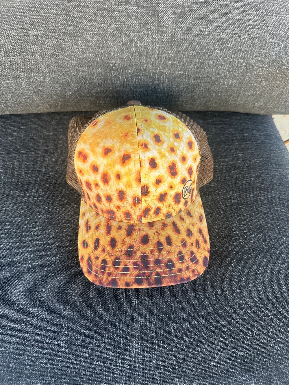 Buff Brown Trout Print Mesh Trucker Hat - Brown/Gold
